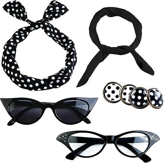 6 Pack 50s Set Chiffon Scarf Cat Eye Glasses Bandana Tie Headband Earrings - Snngv