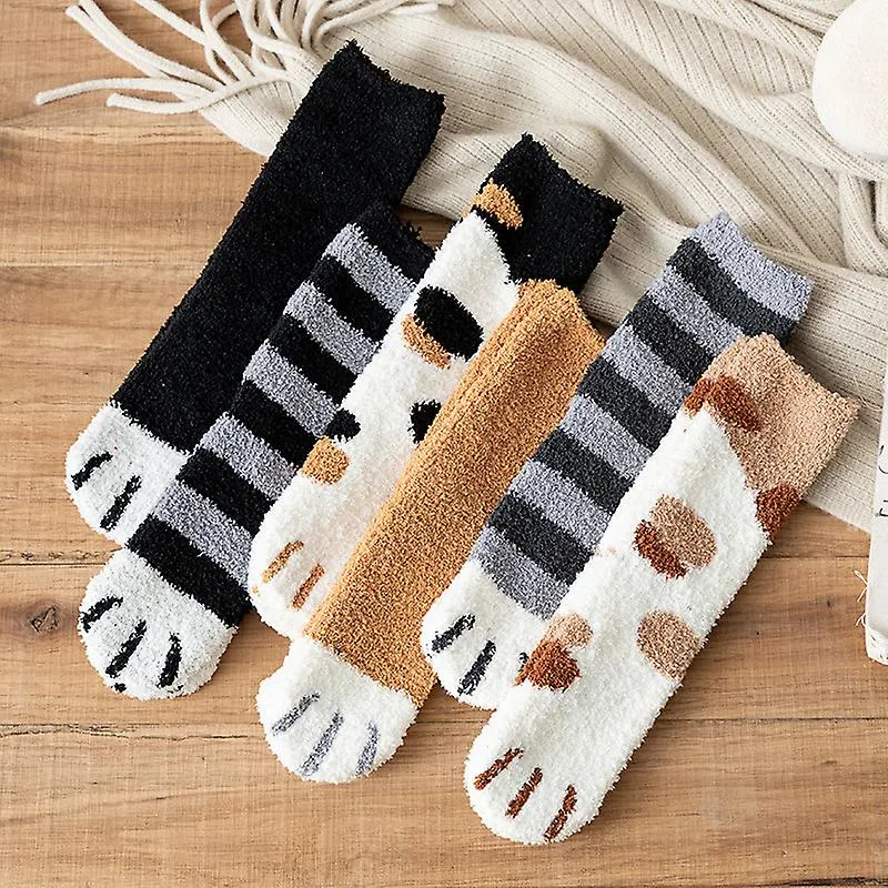 6pairs Winter Women Thick Coral fleece Warm Socks Animal Cat Paw Cute Socks