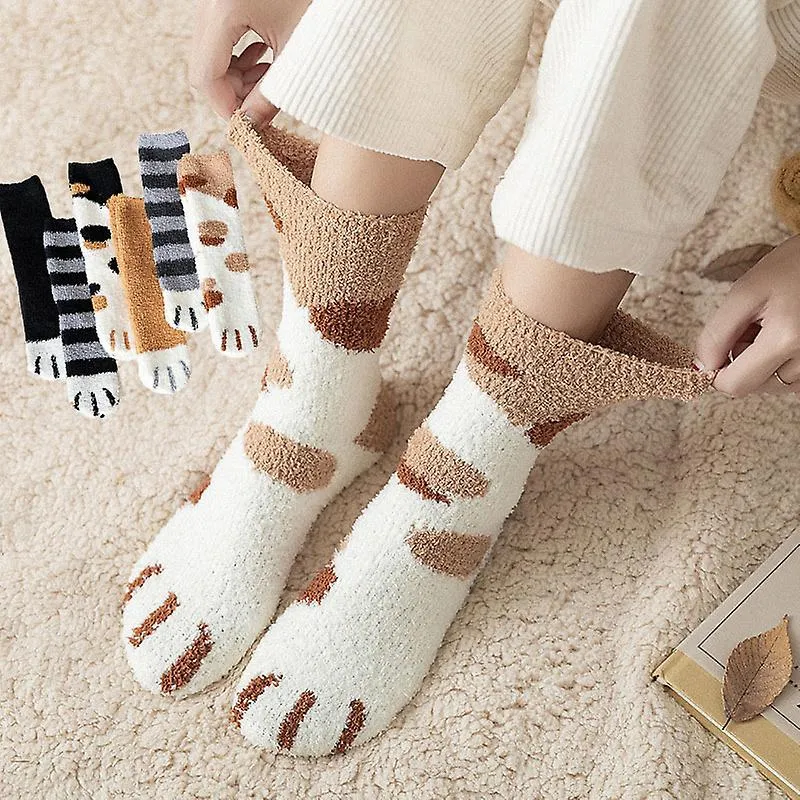 6pairs Winter Women Thick Coral fleece Warm Socks Animal Cat Paw Cute Socks