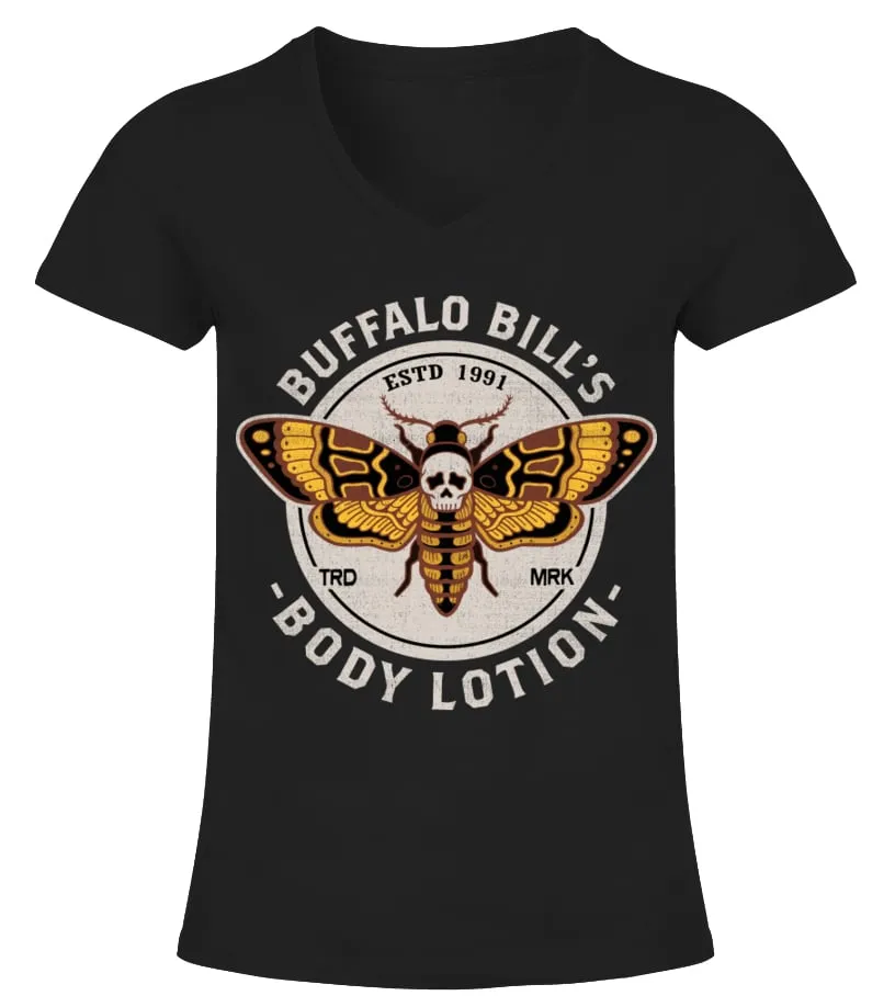 Buffalo Bill's Body Lotion - Death s Head Moth - Horror - Distressed Vintage Design Camiseta cuello pico Mujer