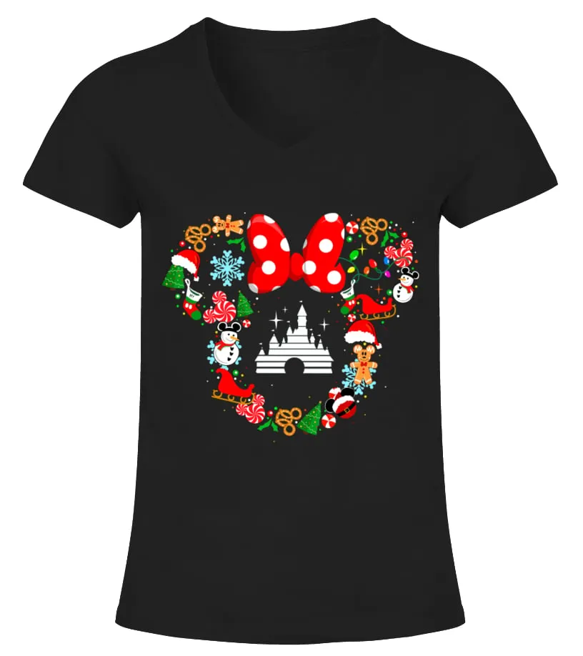 Cartoon Characters Mouse Head Christmas Camiseta cuello pico Mujer