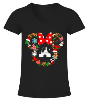 Cartoon Characters Mouse Head Christmas Camiseta cuello pico Mujer