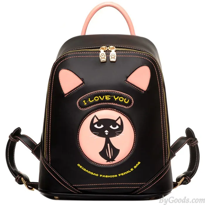 Cartoon PU Cat Women Rucksack Cute Kitten Bag College Backpack 