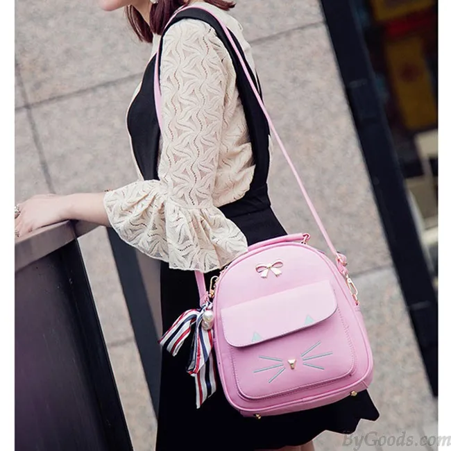 Cute Cartoon Kitty Metal Bow Cat Embroidery Animal School Backpack