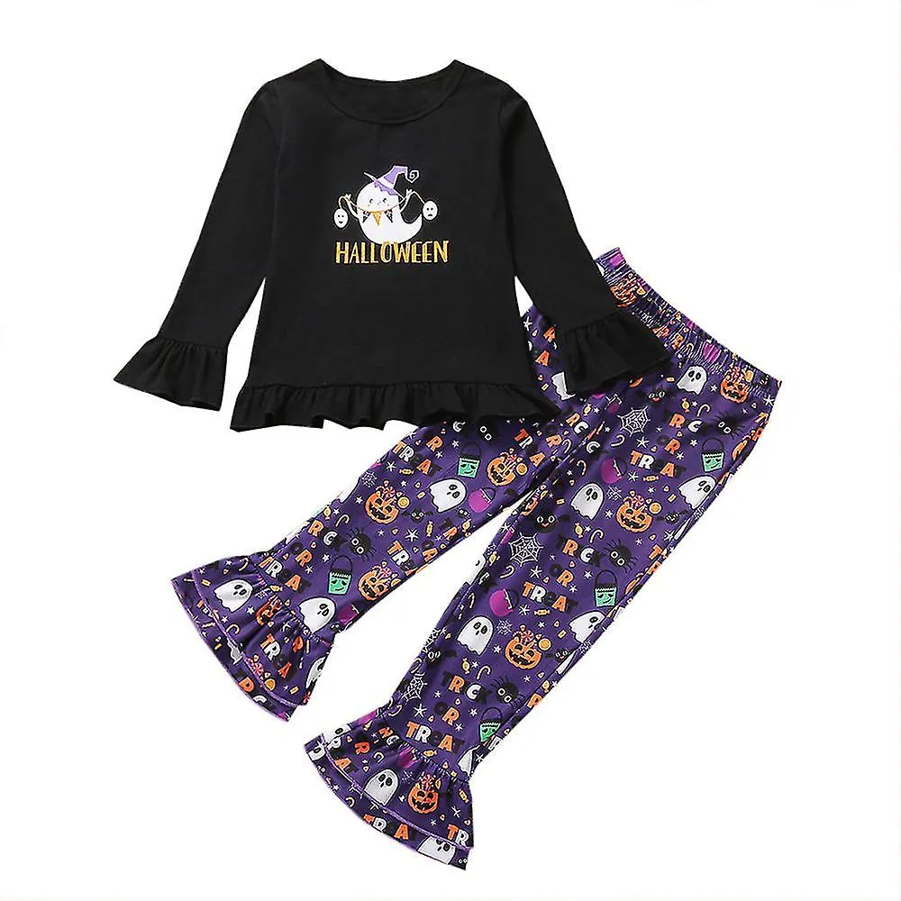 Kids Girls Halloween Long Sleeve Ruffle Tops + Flared Long Pants Outfit Sets