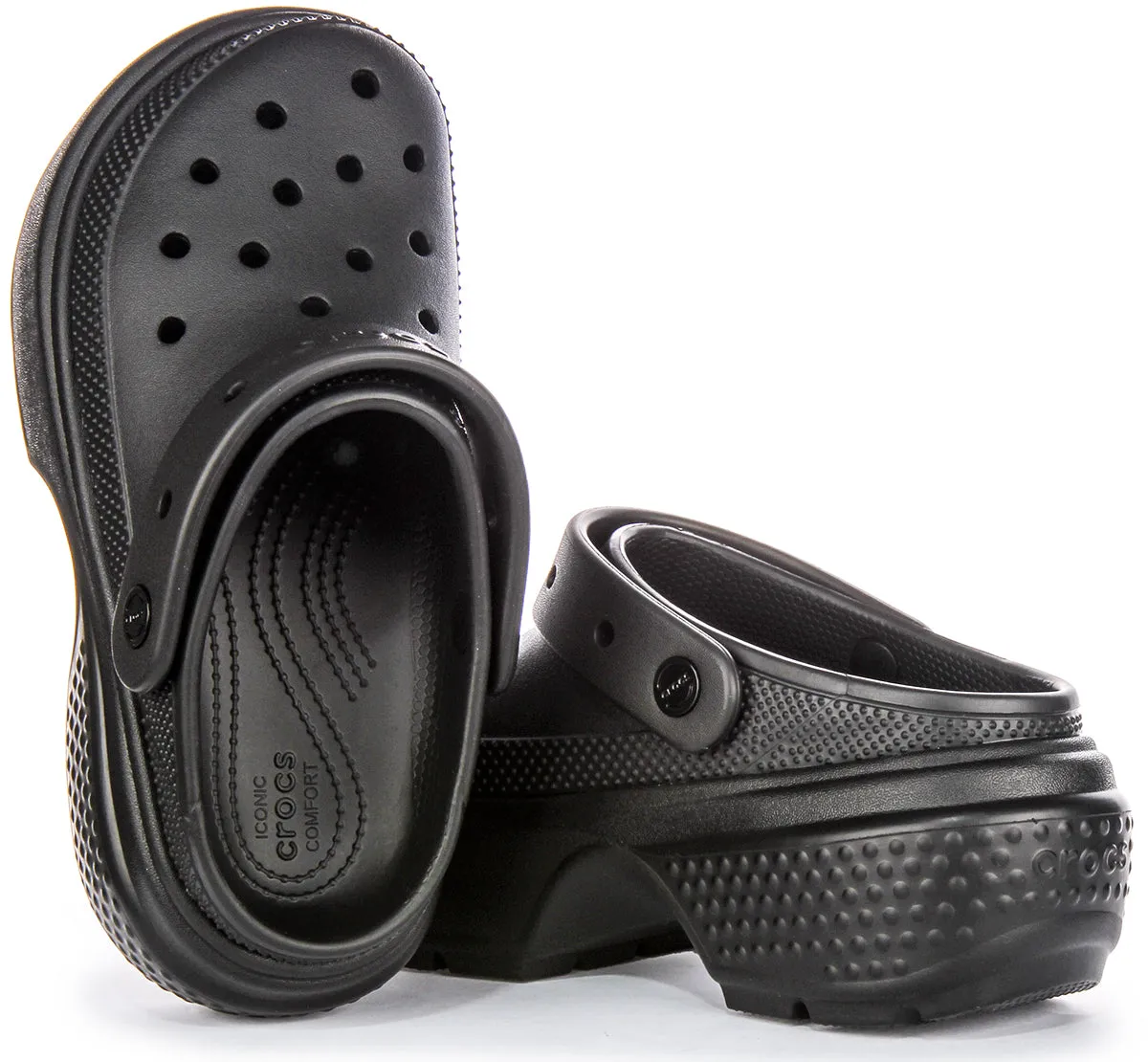 Zoccoli con Suola con Profilo Tacco Pesante in Gomma da Donna Crocs Stomp in Nero